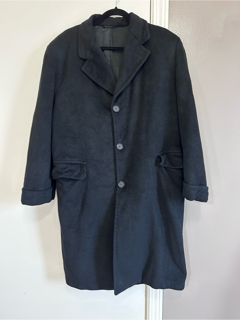 Vintage 60s 70s 100% Cashmere Union Made USA Black Overcoat Men’s L Est
